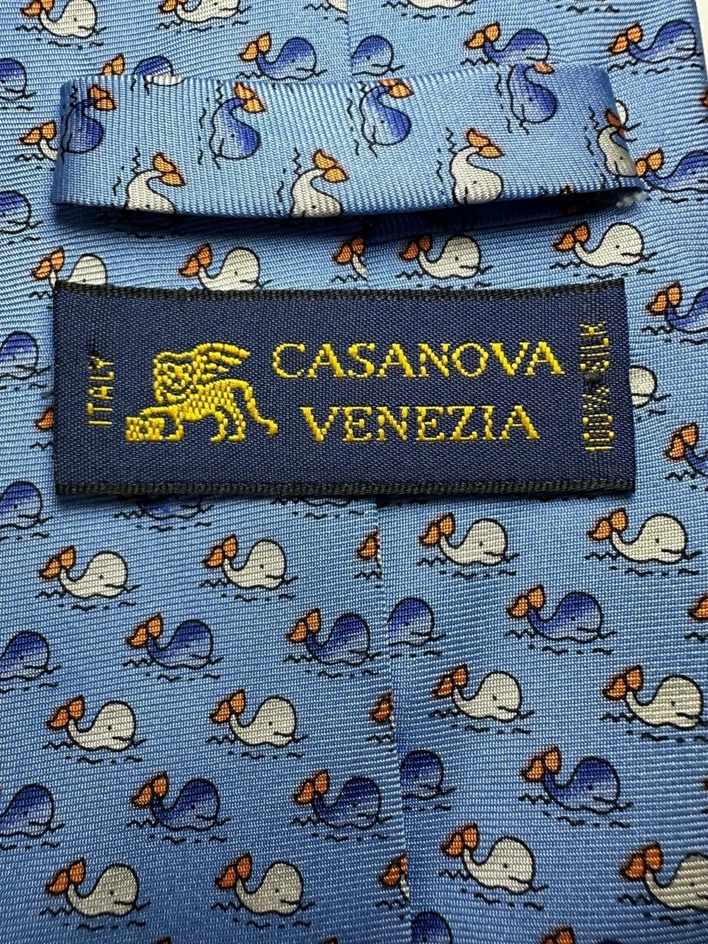 Casanova Venezia Whale Print Silk Tie Blue Novelty Marine Nautical Italy 60”